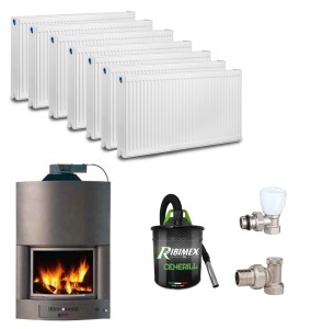 Pachet termosemineu pe lemne Magikal OXO29 cu preparare apa calda menajera, putere nominala 34.8 kW, clasa A, cu agent termic, diametru cos fum 250 mm, Calorifere, Robineti Tur/Retur, Aspirator cenusa