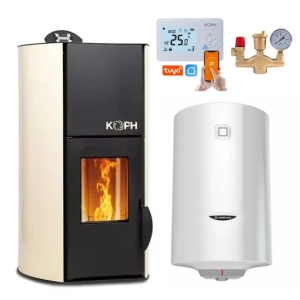Pachet termosemineu pe peleti KOPH PM 12 kW, 80 mp, buncar peleti 12 kg, diametru cos fum ⌀80 mm, pompa recirculare si vas expansiune incorporate, Boiler termoelectric Ariston 100 litri, Grup siguranta, Termostat inteligent