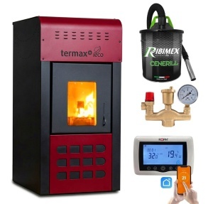 Pachet Termosemineu pe peleti Termax Kamin ECO, 25 kW, 160 mp, buncar peleti 45 kg, volum apa 42 litri, diametru cos fum ⌀80 mm, vas expansiune si pompa recirculare incluse, Termostat inteligent KOPH CT99, Grup de siguranta, Aspirator cenusa