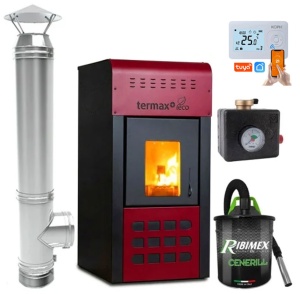 Pachet Termosemineu pe peleti Termax Kamin ECO, 25 kW, vas expansiune, pompa recirculare incluse si cos de fum din inox cu dublu perete, inaltime 4 metri, diametru interior ⌀80 mm, Grup de siguranta, Termostat inteligent WIFI KOPH, Aspirator cenusa