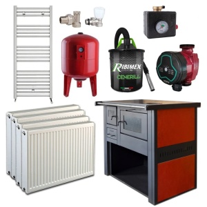 Pachet Termosoba pe lemn Termax Culina, 12.05 kW, evacuare pe dreapta, cuptor integrat, randament 85.29%, 80 m², Calorifere, Pompa Recirculare, Grup siguranta, Vas expansiune, Robineti tur/retur, Aspirator cenusa