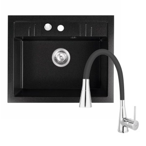 Set chiuveta Granit Ferro Mezzo II 78x48 cm & baterie Zumba II Negru si accesorii Montaj