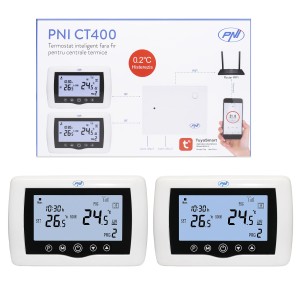 Termostat inteligent PNI CT400 fara fir, cu WiFi, control 2 zone prin Internet, pentru centrale termice, pompe, electrovalve, APP TuyaSmart, histerezis 0.2 grade C
