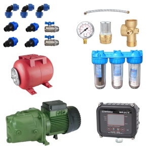 Kit complet pentru fantana - Corp hidrofor DAB JET 82M, debit maxim 4.2 mc/h, vas expansiune, presostat electronic, set 3 filtre pentru apa, supapa de sens cu sorb sita si robineti