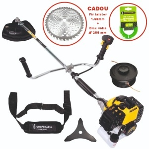 Motocoasa pe benzina GP-52 POWER, 5CP, 52cc, arbore 9 caneluri, ham Comfort Plus, disc 3T si mosor cu fir, GP0002 + Cadou Disc vidia 255 x 25.4mm si Fir trimer