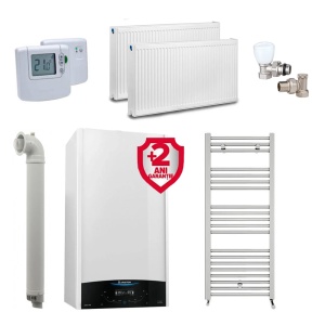 Pachet apartament cu 1 camera, centrala Ariston Genus One+ 24 kW, Clasa A, Schimbator de caldura XtraTech, Ecran LCD tactil, Autodiagnoza, Kit de evacuare inclus + Termostat ambient fara fir Honeywell DT92A + 2 ani extragarantie , Calorifere, Set robineti