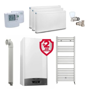 Pachet apartament cu 2 camere, centrala Ariston Clas One WIFI 24 kW, incalzire si ACM, Kit evacuare inclus + Termostat ambient fara fir Honeywell DT92A + 2 ani extragarantie, Calorifere, Set robineti tur/retur