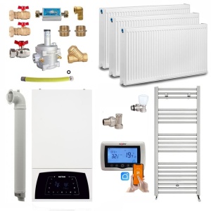 Pachet apartament cu 2 camere, centrala termica pe gaz in condensare 25 kW, Motan Condens Plus 100 25 C38GC25V1XP4, +2 ani Extra Garantie, Calorifere, Termostat Wireless, Set robineti tur/retur, Kit evacuare inclus si Kit complet armaturi montaj