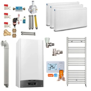 Pachet apartament cu 2 camere, centrala termica pe gaz in condensare Ariston Clas One WIFI 24 kW, Calorifere, Termostat Inteligent, Set robineti calorifere, Kit evacuare inclus si Kit complet armaturi montaj
