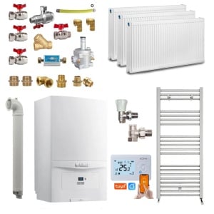 Pachet apartament cu 2 camere, centrala termica pe gaz in condensare Vaillant ecoTEC pure VUW 286/7-2, 26.1 kW, Termostat inteligent, Set robineti, Calorifere, Kit evacuare inclus si Kit complet armaturi montaj