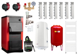 Pachet centrala/cazan pe lemn Termax 50 kW, cu ardere standard, volum manta apa 140 litri, Vas expansiune, Elementi din aluminiu Fondital, Robineti Tur/Retur