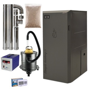 Pachet centrala cu peleti Lafat Compact 25 kW, 170 mp, buncar peleti 75 kg, volum apa 60 litri, diametru cos fum ⌀80 mm, vas expansiune si pompa recirculare incluse