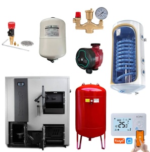 Pachet centrala mixta lemn/pelet Termax Combo 35 kW, volum manta apa 122 litri, trecere automata lemn/pelet, Vas expansiune 50 litri, Termostat inteligent KOPH, Boiler termoelectric Tesy 120 litri