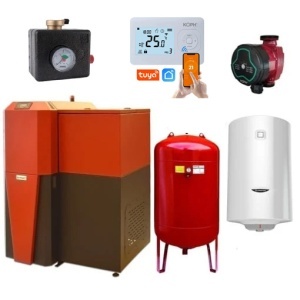 Pachet centrala mixta lemn/pelet Termax Tera 28 kW, 185 mp, buncar peleti 95 kg, volum manta apa 75 litri, diametru cos Ø120 mm, Termostat ambiental KOPH i302, Pompa recirculare, Boiler termoelectric 100 litri, Grup siguranta