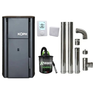 Pachet economic - Centrala cu peleti KOPH PM 25 kW, 160 mp, buncar peleti 25 kg, diametru cos fum ⌀80 mm, pompa recirculare si vas expansiune incorporate, Negru + Termostat inteligent + Aspirator cenusa 1000W + Kit cos de interior inox ⌀80 mm