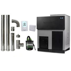 Pachet economic - Centrala cu peleti Termax ECO GRI 70 kW, 440 mp, buncar peleti 205 kg, volum apa 200 litri, diametru cos fum ⌀120 mm + Termostat inteligent + Aspirator cenusa 1000W + Cos fum inox de interior ⌀120 mm
