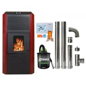 Pachet economic - Termosemineu cu peleti Termax Kamin ECO, 30 kW, 220 mp, buncar peleti 55 kg, diametru cos fum ⌀80 mm, vas expansiune si pompa recirculare incluse, Bordo + Termostat inteligent + Aspirator cenusa 1000W + Cos fum inox de interior ⌀80 mm