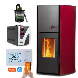 Pachet Smart Control - Termosemineu cu peleti KOPH PM 18 kW, 120 mp, buncar 15 kg, diametru cos fum ⌀80 mm, pompa recirculare si vas expansiune incorporate, Bordo + Termostat inteligent KOPH I302 WiFi + Aspirator cenusa 1000W + Stabilizator tensiune