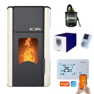 Pachet Smart Control - Termosemineu cu peleti KOPH PM 30 kW, 200 mp, diametru cos fum ⌀80 mm, pompa recirculare si vas expansiune incorporate, Crem + Termostat inteligent KOPH I302 WiFi + Aspirator cenusa 1000W + Sursa KOPH 500 W + Stecher