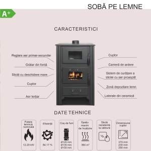 Pachet soba pe lemn Termax Doina, 12.2 kW, randament 84.17%, 80 m², cuptor de gatit integrat, Rosu, set accesorii, aspirator cenusa si suport lemne foc metalic Termax XL - Img 10