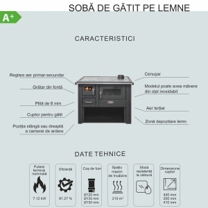 Pachet soba pe lemn Termax Nobil, 7.12 kW, evacuare pe dreapta, cuptor integrat, randament 81.27%, 47 m², Bej, set accesorii, aspirator cenusa si suport lemne foc metalic Termax M - Img 6