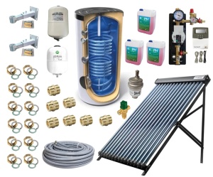 Pachet Solar Family Comfort 300 - Colector solar cu 30 tuburi vidate echipate cu heat-pipe, Termax Solar, Boiler stativ Tesy 300 litri, Grup pompare, Vas expansiune sanitar si Vas expansiune solar
