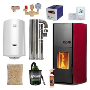 Pachet termosemineu cu peleti KOPH PM 18 kW, 120 mp, buncar 15 kg, diametru cos fum ⌀80 mm, pompa recirculare si vas expansiune incorporate, Bordo, Grup siguranta, Filtru Y si Boiler termoelectric Ariston 100 litri