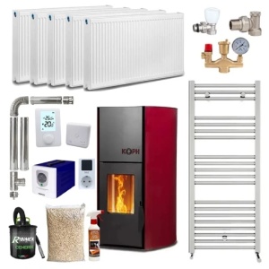 Pachet termosemineu cu peleti KOPH PM 18 kW, 120 mp, buncar 15 kg, diametru cos fum ⌀80 mm, pompa recirculare si vas expansiune incorporate, Calorifere, Grup siguranta, Sursa KOPH 700 W + Stecher Schuko cu protectie la joasa si inalta tensiune