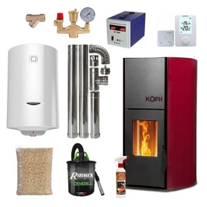 Pachet termosemineu cu peleti KOPH PM 25 kW Fiama, 160 mp, buncar peleti 25 kg, diametru cos fum ⌀80 mm, pompa recirculare si vas expansiune incorporate, Bordo, Grup siguranta, Filtru Y si Boiler termoelectric Ariston 100 litri