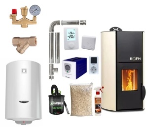 Pachet termosemineu cu peleti KOPH PM 25 kW Fiama, 160 mp, buncar peleti 25 kg, diametru cos fum ⌀80 mm, pompa recirculare si vas expansiune incorporate, Crem, Grup siguranta, Filtru Y si Boiler termoelectric Ariston 100 litri