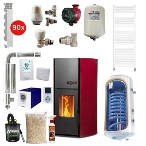 Pachet termosemineu cu peleti KOPH PM 25 kW Fiama, 170 mp, buncar peleti 25 kg, diametru cos fum ⌀80 mm, Boiler Termoelectric 120 litri, Elementi Aluminiu + Accesorii Montaj, Sursa KOPH 700 W + Stecher Schuko cu protectie la joasa si inalta
