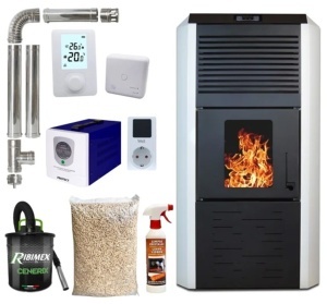 Pachet termosemineu cu peleti Termax Kamin ECO, 30 kW, 220 mp, buncar peleti 55 kg, volum apa 49 litri, diametru cos fum ⌀80 mm, vas expansiune si pompa recirculare incluse, Sursa KOPH 700 W + Stecher Schuko, Alb