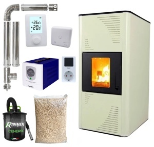 Pachet termosemineu cu peleti Termax Kamin PM 15 kW, 120 mp, buncar peleti 30 kg, volum apa 30 litri, diametru cos fum ⌀80 mm, vas expansiune si pompa recirculare incluse, Sursa KOPH 700 W + Stecher Schuko cu protectie la joasa si inalta tensiune, Crem