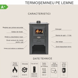 Pachet Termosemineu pe lemn Termax Alma, 11.52 kW, randament 85.59%, 75 m², Bordo, Grup siguranta, Pompa recirculare si Boiler termoelectric Tesy 80 litri - Img 7