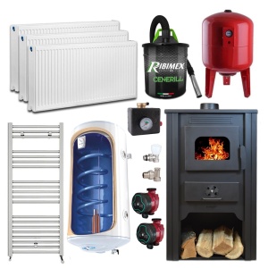 Pachet termosemineu pe lemn Termax Decebal, 11.52 kW, randament 85.59%, 75 m², Rosu, Calorifere, Pompe Recirculare, Grup siguranta, Vas expansiune, Robineti tur/retur, Aspirator cenusa si Boiler termoelectric Tesy 80 litri