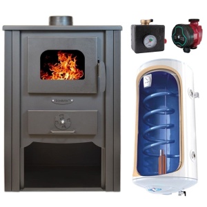 Pachet Termosemineu pe lemn Termax Decebal, 11.52 kW, randament 85.59%, 75 m², Maro, Grup siguranta, Pompa recirculare si Boiler termoelectric Tesy 80 litri