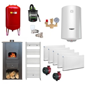 Pachet Termosemineu pe lemn Termax Thermis, 24.43 kW, randament 85.10%, 155 m², Calorifere, Pompe Recirculare, Grup siguranta, Vas expansiune, Robineti tur/retur, Aspirator cenusa, Boiler termoelectric Ariston 100 litri