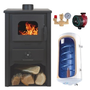 Pachet Termosemineu pe lemn Termax Vulcan, 11.52 kW, randament 85.59%, 75 m², Antracit, Grup siguranta, Pompa recirculare si Boiler termoelectric Tesy 80 litri