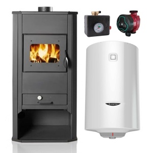 Pachet Termosemineu pe lemne/brichete Termax Kamin 21 kW, manta apa 22 litri, diametru cos fum 120 mm, Bordo, Grup siguranta, Pompa recirculare si Boiler termoelectric Ariston 100 litri