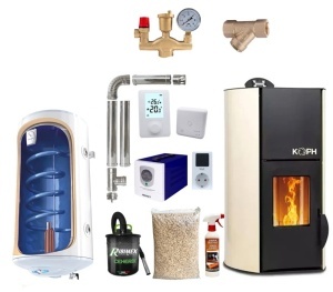 Pachet termosemineu pe peleti KOPH PM 12 kW, 80 mp, buncar peleti 12 kg, diametru cos fum ⌀80 mm, pompa recirculare si vas expansiune incorporate, Crem, Grup siguranta, Boiler termoelectric 80 litri, Sursa KOPH 700 W + Stecher Schuko cu protectie la joasa