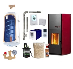 Pachet termosemineu pe peleti KOPH PM 12 kW, 80 mp, buncar peleti 12 kg, diametru cos fum ⌀80 mm, pompa recirculare si vas expansiune incorporate, Grup siguranta, Filtru Y si Boiler termoelectric Tesy 80 litri, Sursa KOPH + Stecher