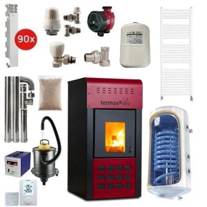 Pachet termosemineu pe peleti Termax Kamin ECO, 25 kW, 160 mp, buncar peleti 45 kg, volum apa 42 litri, diametru cos fum ⌀80 mm, Boiler Termoelectric 120 litri, Elementi Aluminiu + Accesorii Montaj