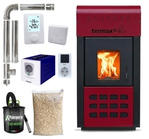 Pachet termosemineu pe peleti Termax Kamin ECO, 25 kW, 160 mp, buncar peleti 45 kg, volum apa 42 litri, diametru cos fum ⌀80 mm, vas expansiune si pompa recirculare incluse, Sursa KOPH 700 W + Stecher Schuko cu protectie la joasa si inalta tensiune, Bordo