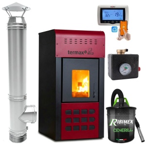 Pachet Termosemineu pe peleti Termax Kamin ECO, 25 kW, vas expansiune, pompa recirculare incluse si cos de fum din inox cu dublu perete, inaltime 4 metri, diametru interior ⌀80 mm, Grup de siguranta, Termostat inteligent KOPH CT99, Aspirator cenusa