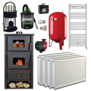 Pachet Termosoba pe lemn Termax Codru, 24.43 kW, cuptor integrat, randament 85.10%, 155 m², Negru, Calorifere, Pompa Recirculare, Vas expansiune, Robineti tur/retur si set accesorii