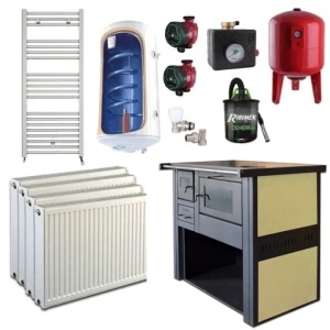 Pachet Termosoba pe lemn Termax Culina, 12.05 kW, evacuare pe dreapta, cuptor integrat, randament 85.29%, 80 m², Calorifere, Pompe Recirculare, Grup siguranta, Vas expansiune, Robineti tur/retur, Aspirator cenusa, Boiler termoelectric Tesy 80 litri