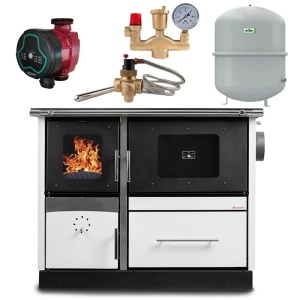 Pachet termosoba pe lemn Termax Maria 25 kW din otel, evacuare pe dreapta, cuptor, design modern si functional, 150 mp, Alb, Grup siguranta, Vas expansiune, Supapa termica si Pompa recirculare