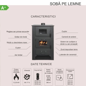 Soba pe lemn Termax Doina, 12.2 kW, randament 84.17%, 80 m², spatiu depozitare lemne, cuptor de gatit integrat, Bordo - Img 9