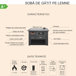 Soba pe lemn Termax Popular, 7.12 kW, evacuare pe dreapta, cuptor integrat, randament 81.27%, 47 m², Negru - Img 6