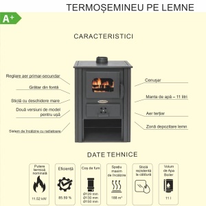 Termosemineu pe lemn Termax Decebal, 11.52 kW, randament 85.59%, 75 m², Maro - Img 7